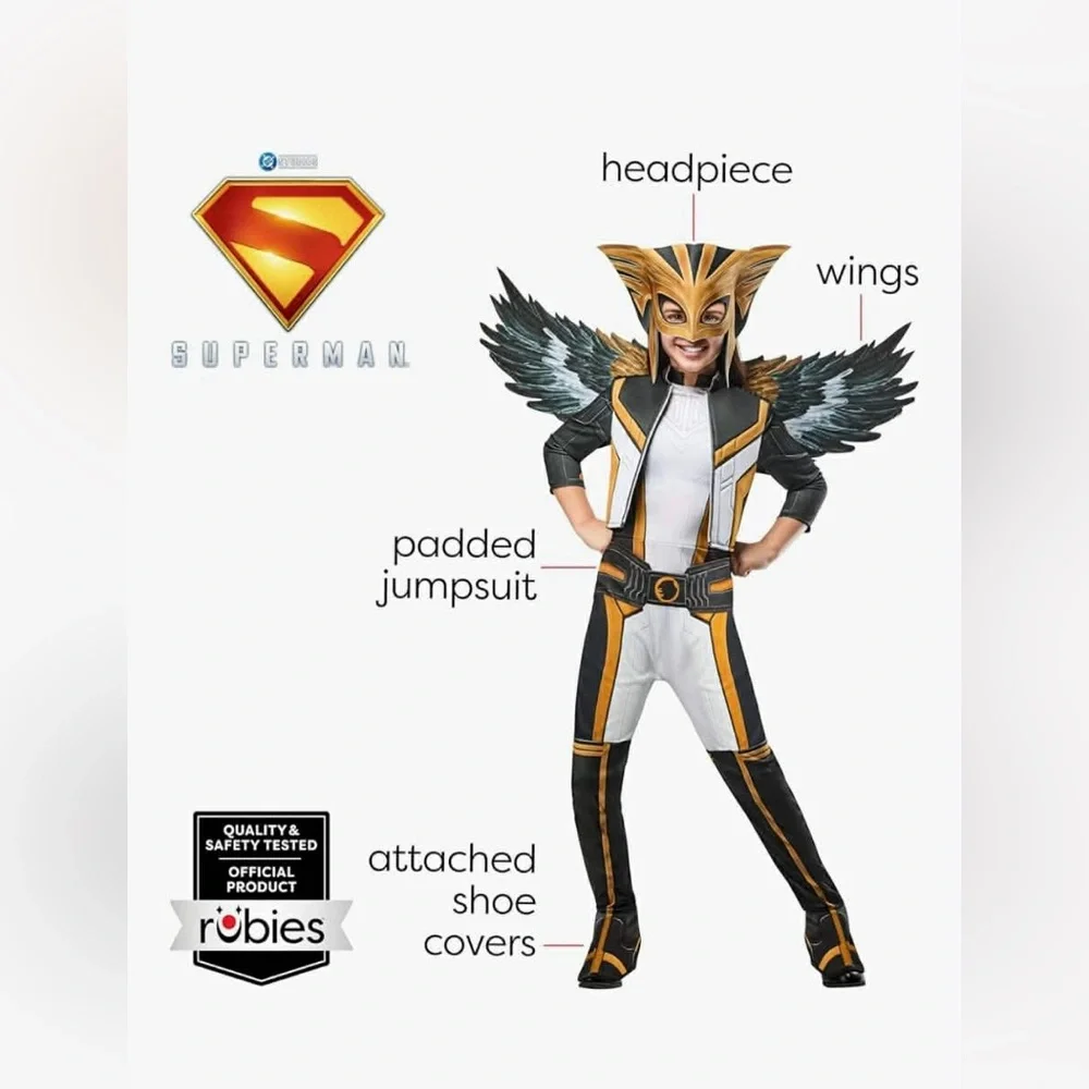 NWT Rubie's Kids Hawk Girl Superhero Costume - Black, White & Gold Size M 7-8